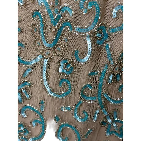 Aidan Matton Sheer Illusion Teal Sequin Gold Beaded Sleeveless Dress Womens Sz 2 - Picture 6 of 13